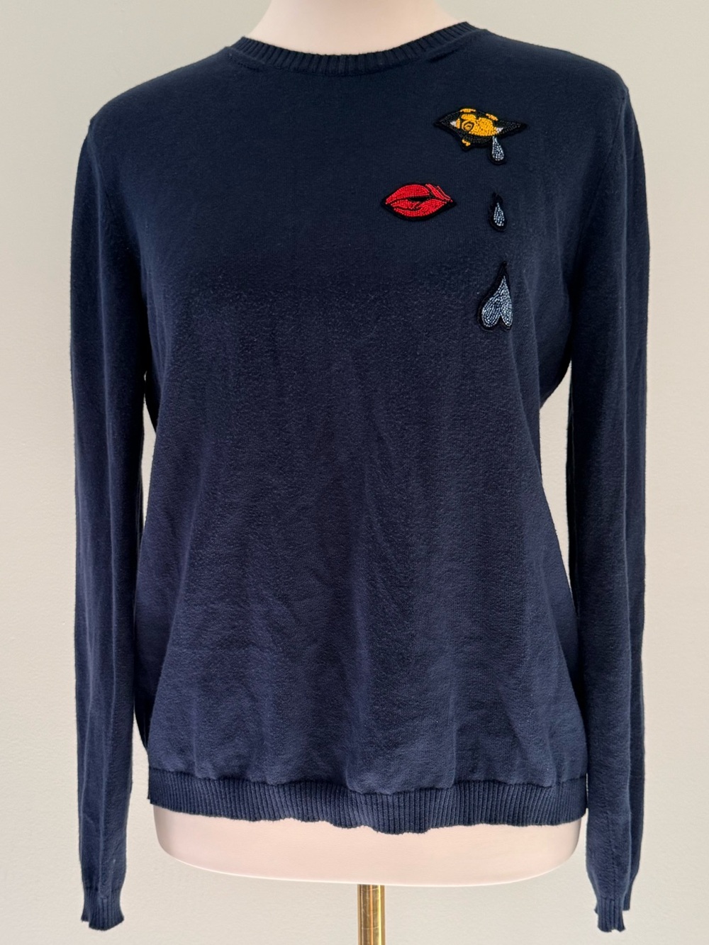 Mary Katrantzou Navy Embroidered Beaded Open Back Sweater Size M